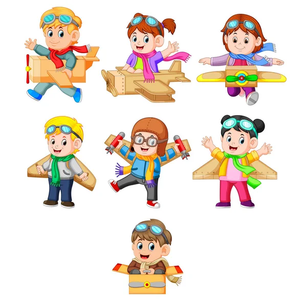 Uma Coleção Das Crianças Que Brincam Com Avião Caixa Papelão —  Vetores de Stock