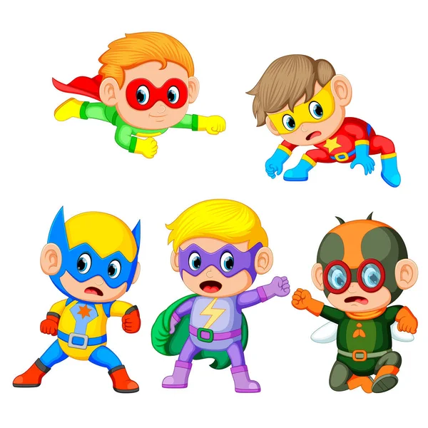 Grupo Crianças Bonitos Usa Traje Super Heróis —  Vetores de Stock