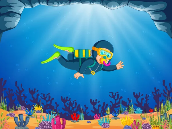 Niño Está Buceando Bajo Hermoso Mar Con Buceo Tela Azul — Vector de stock