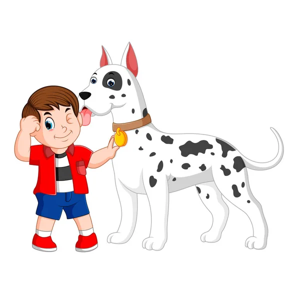 一个穿红色衬衫的男孩抱着他的白色大狗 — 图库矢量图片