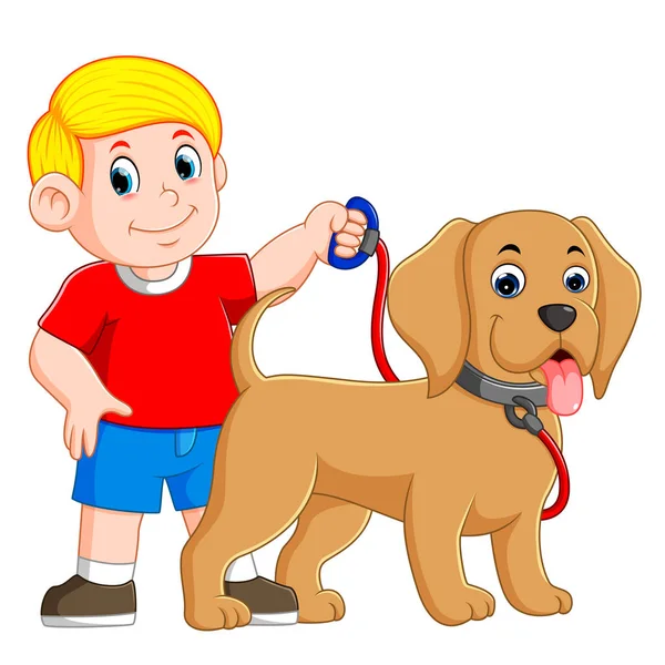 Boy Holding Red Rope Standing Dog — Stock Vector