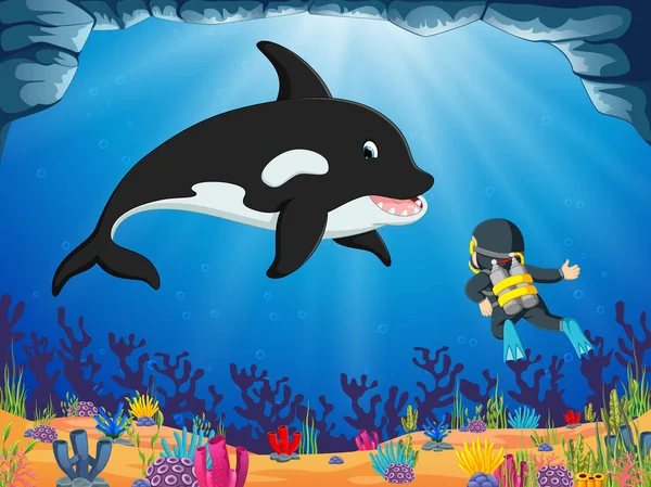 勇敢なダイバーは 青い海の下で大きなイルカを探しています — ストックベクタ