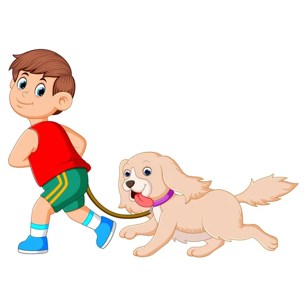 Щасливий Хлопчик Біжить Тягне Свого Милий Коричневий Собаку — стоковий вектор