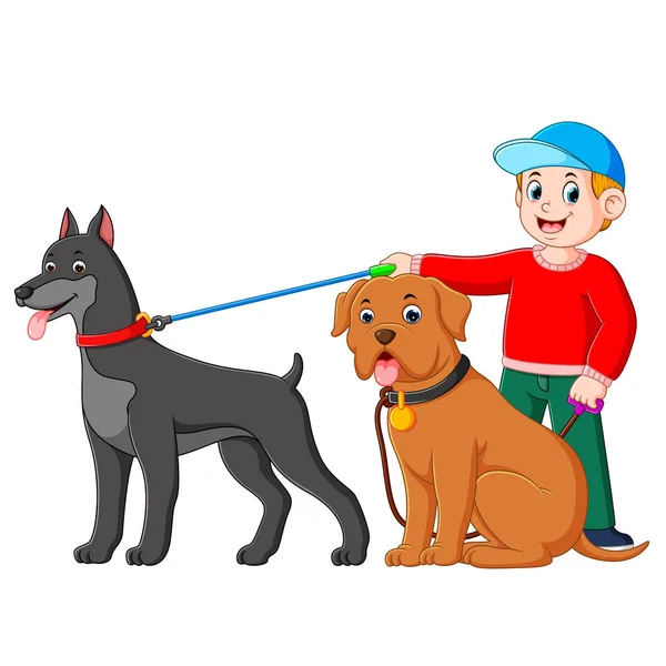 一个男孩用红色毛衣站在两只大狗的后面 — 图库矢量图片