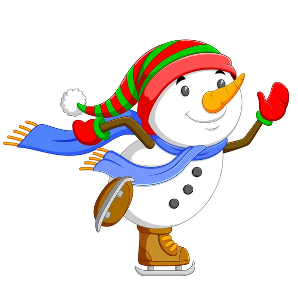 Big Snowman Dancing Jumping His Brown Ice Skating Shoes — Stock Vector