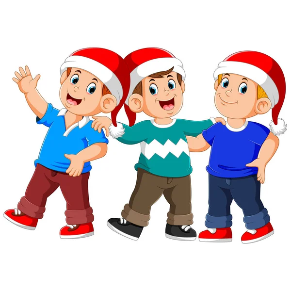 Drei Männer Mit Weihnachtsmütze Stehen Und Reden — Stockvektor