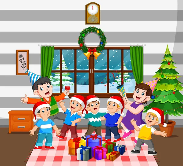 Happy Family Lot Children Celebrating Christmas House — Stock Vector