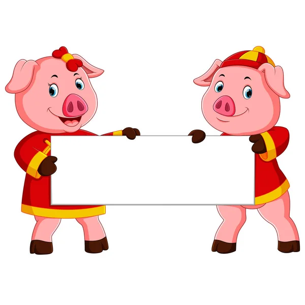 Two Cute Pigs Holding White Board Chinese New Year — Stock Vector