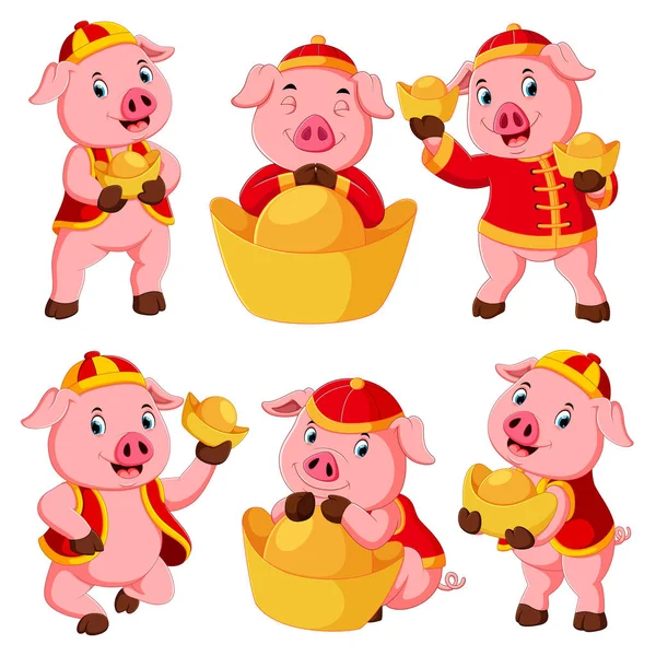 Collection Cute Pink Pig Uses Red Costume Chinese New Year — Stock Vector