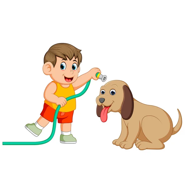 一个拿着黄色布的小男孩会用烟斗清洗他的棕色大狗 — 图库矢量图片