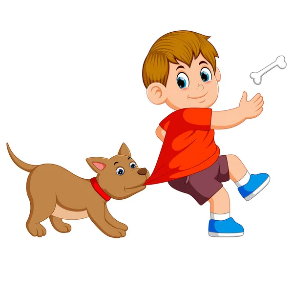 Cute Dog Beating His Owner Cloth Taking Bone — Stock Vector
