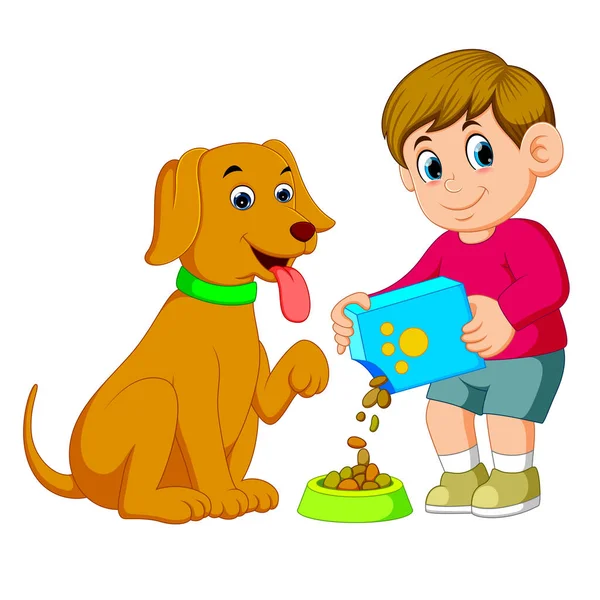 Little Boy Giving Food His Big Brown Dog — Stock Vector