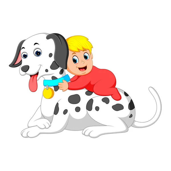 Cute Baby Playing Holding Big White Dog — Stock Vector