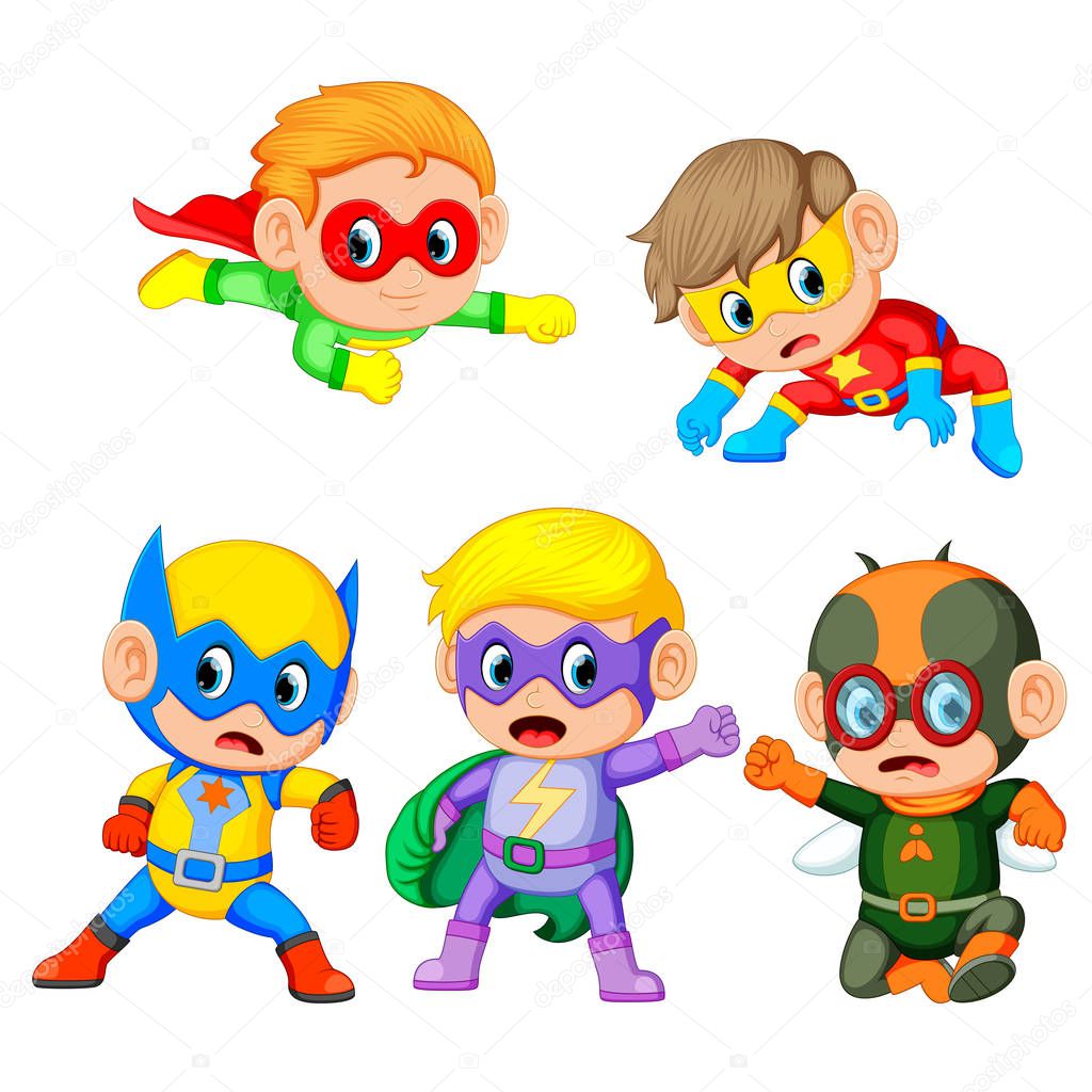 a group of the cute children uses the super heroes costume