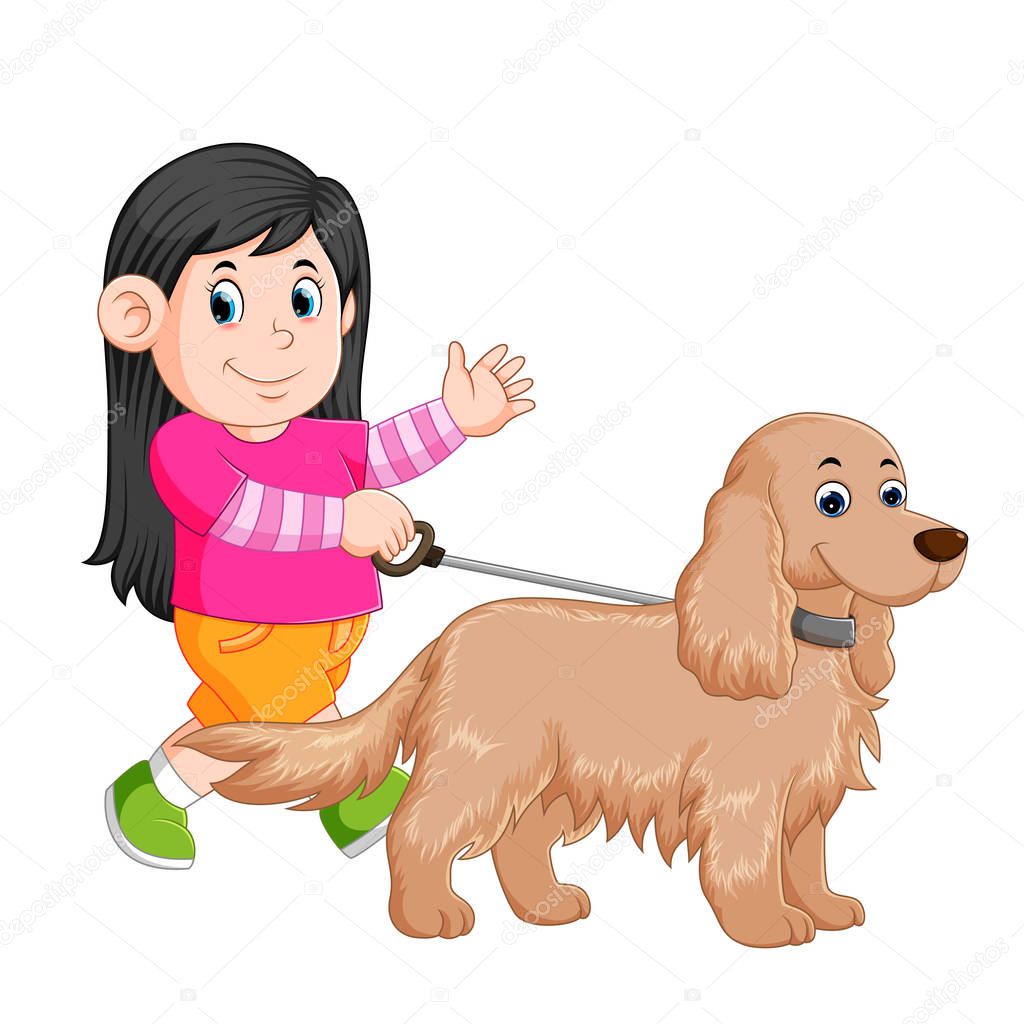 a little girl is walking with her female dog and waving her hand