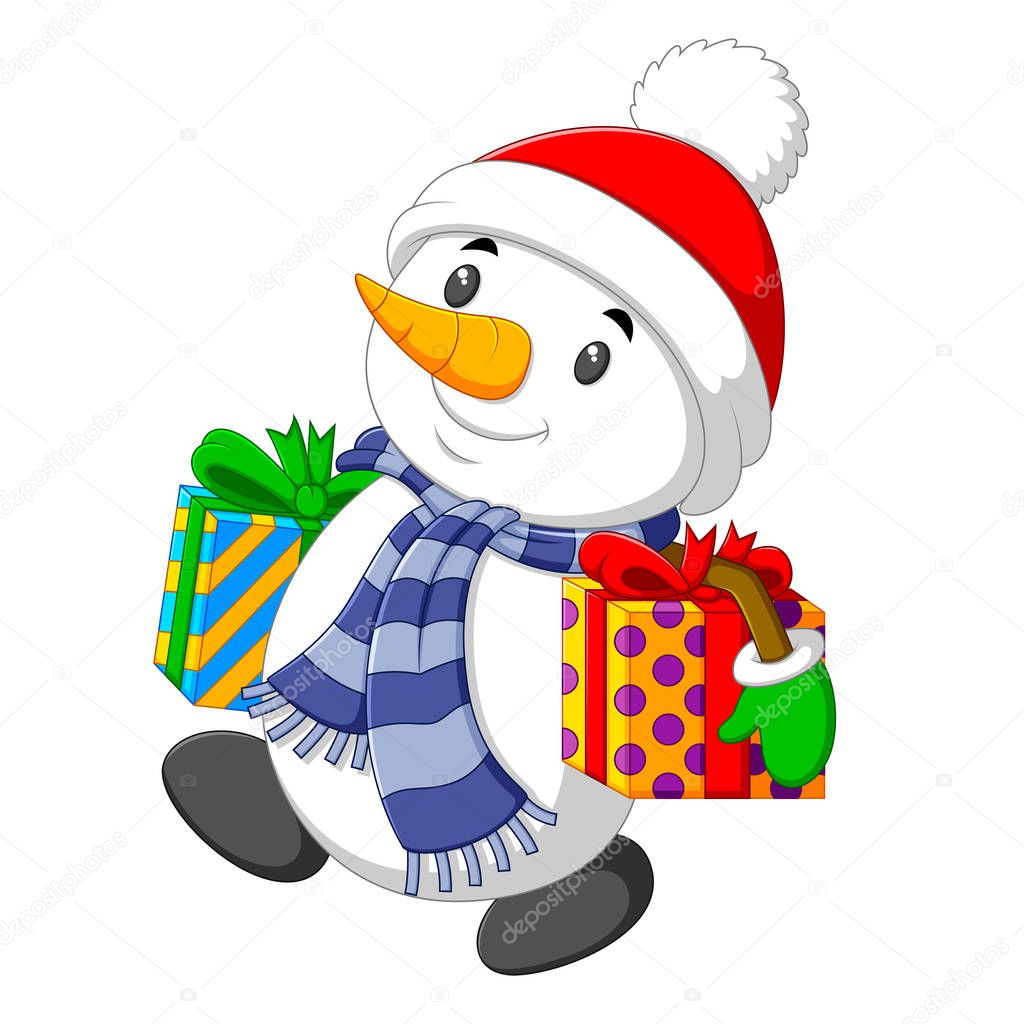 a kind snowman is carrying two big box gift for the christmas