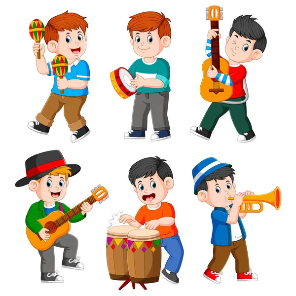 Insamling Pojken Leker Med Den Olika Musikinstrumentet — Stock vektor