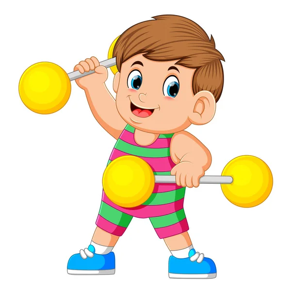 Boy Playing Holding Yellow Barbells — Stock Vector
