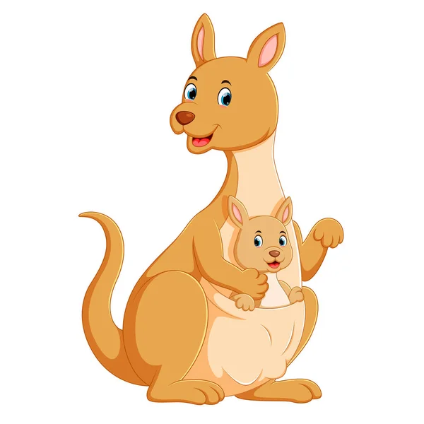 Cute Kangaroo Playing Her Kinds Her Pocket — Stock Vector
