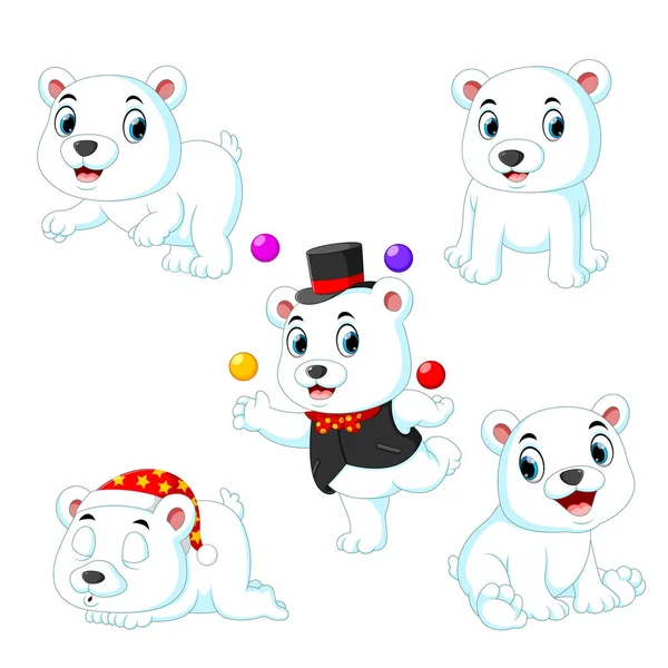 Colección Del Oso Circo Blanco Jugando Con Pelota Con Pose — Vector de stock