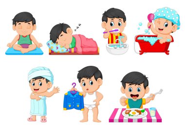 the collection of the boy doing the daily activities clipart