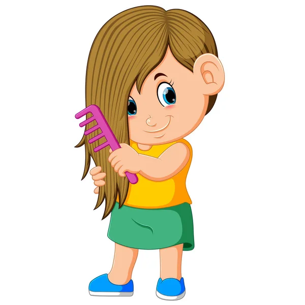 Fille Peigne Ses Cheveux Avec Peigne Rose — Image vectorielle