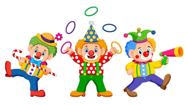 Three Clowns Playing Attraction Good Costume — Stock Vector