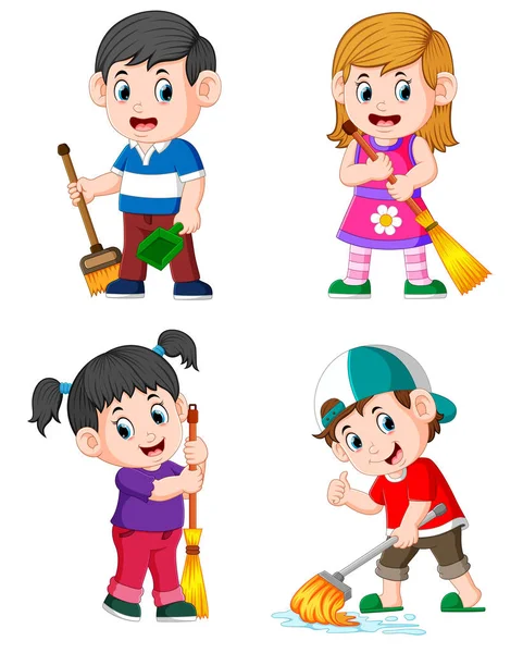 Collection Children Doing Daily House Activities — Stock Vector
