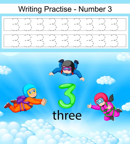 Writing Practices Number Three Skydiving Action — Stock Vector