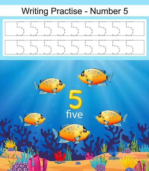 Writing Practices Number Fish Deep Blue Sea — Stock Vector