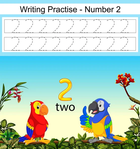 Writing Practices Number Two Beautiful Parrots — Stock Vector