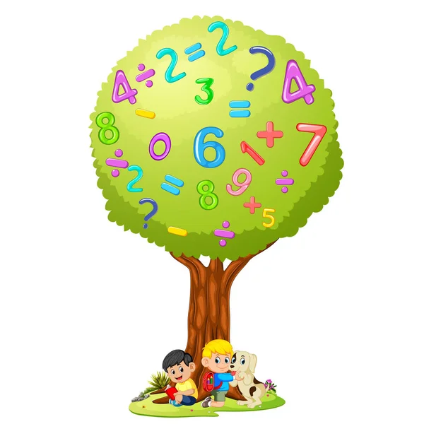 Boy Reading Book Tree Number — Stock Vector