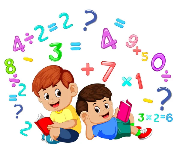 Két Fiú Olvasókönyv Matematika Tanulás — Stock Vector