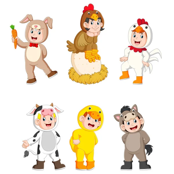 Συλλογή Παιδιά Φορούν Χαριτωμένο Φάρμα Των Ζώων Κοστούμια — Διανυσματικό Αρχείο