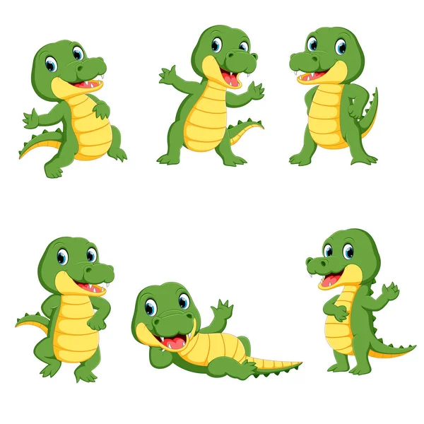 Collection Cute Crocodile Character Cartoon — Stock Vector