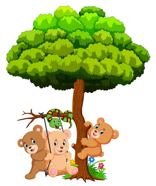 许多可爱的小熊和蛇在树下玩耍 — 图库矢量图片