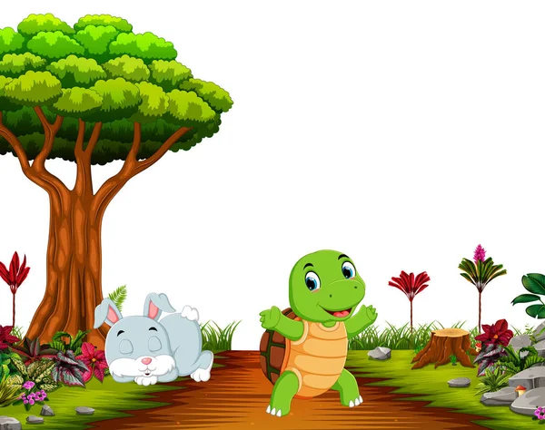 A bunny sleep under tree while tortoise run on road — Stock Illustration Bunny Sleep Tree While Tortoise Run Road Stock Vector
