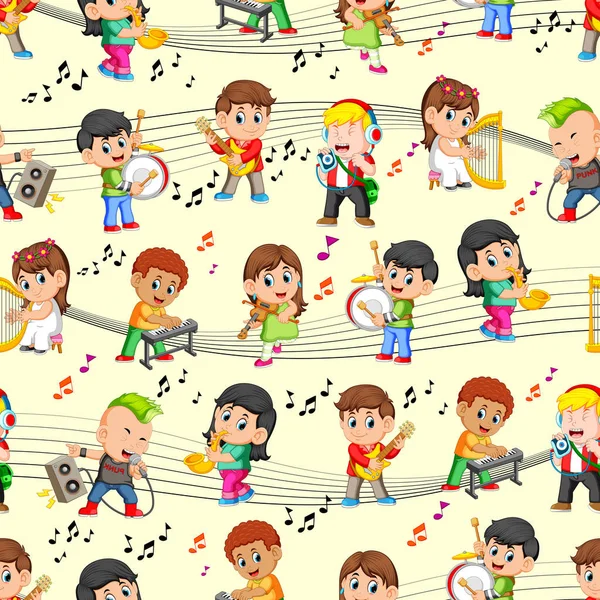 Patrón Sin Costuras Con Niños Felices Tocando Música — Vector de stock
