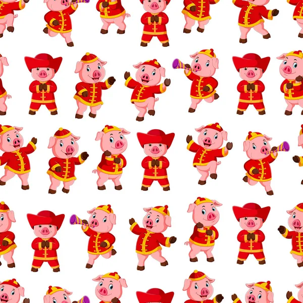 Seamless Pattern Little Pink Pigs Wearing Chinese Costume — Stock Vector