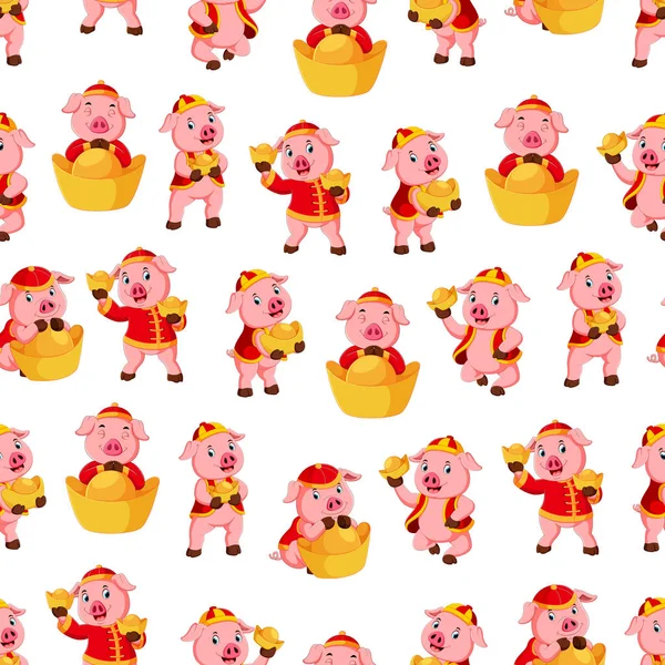 Seamless Pattern Cute Pink Pig Uses Red Costume — Stock Vector