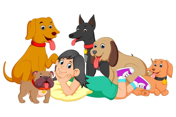 Girl Her Five Dogs — Stock Vector