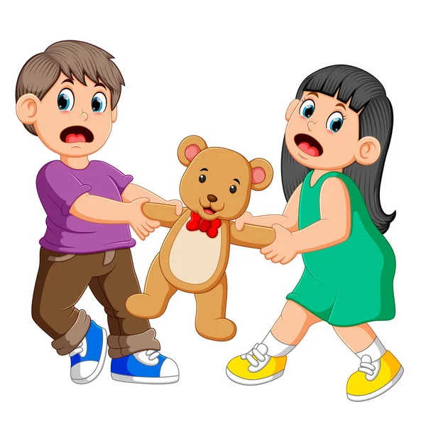Mädchen Und Junge Streiten Eine Puppe — Stockvektor