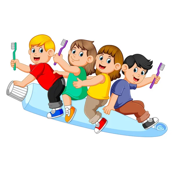 Crianças Equitação Grande Dente Massas Segurando Escova Dentes — Vetor de Stock
