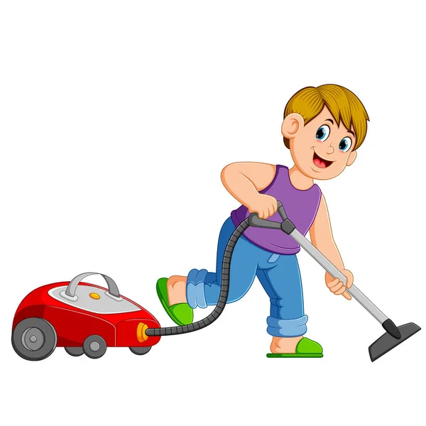 Young Man Cleaning Vacuum Cleaner — Stock Vector