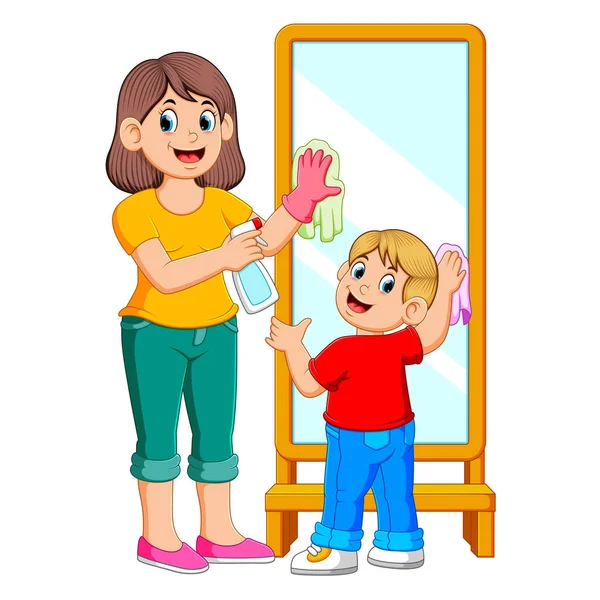 Mother Son Cleaning Mirror Using Some Spray — Stock Vector