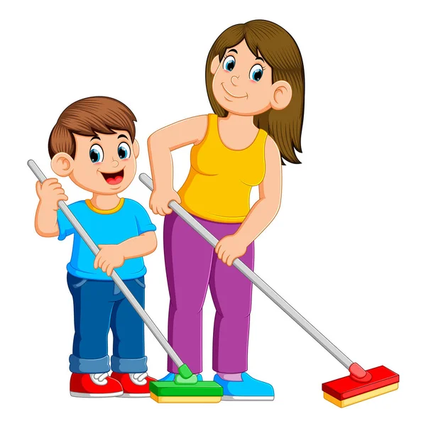 Μητέρα Και Γιος Τον Καθαρισμό Του Δαπέδου — Διανυσματικό Αρχείο