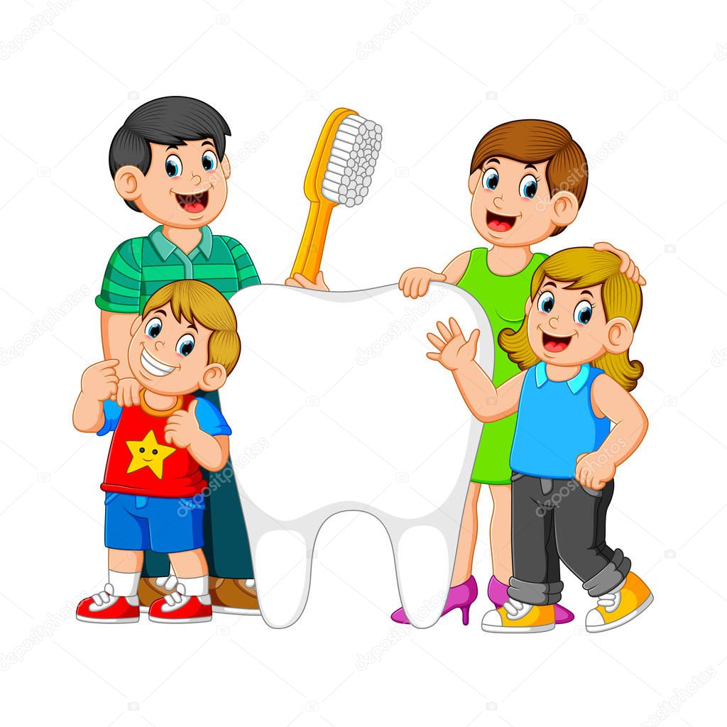 Smiling parents with two kids standing next to big white tooth holding toothbrush