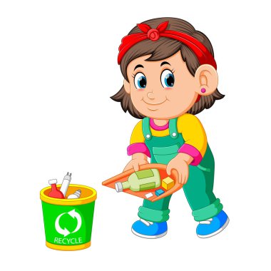 A girl keep clean environment by trush in rubbish bin clipart