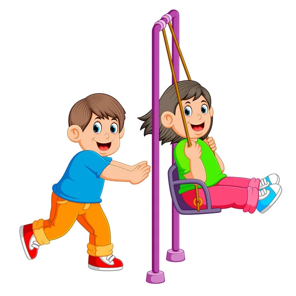 Brother Pushing Sister Swing — Stock Vector