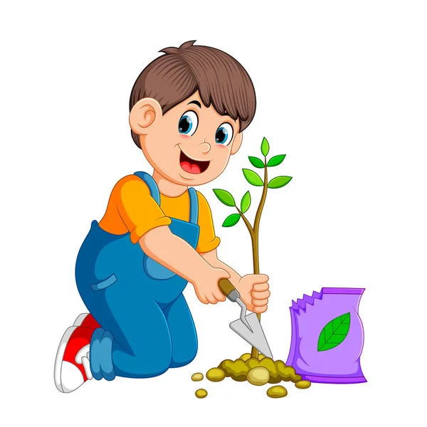 Мальчик Сажает Зеленое Молодое Растение Удобрениями — стоковый вектор